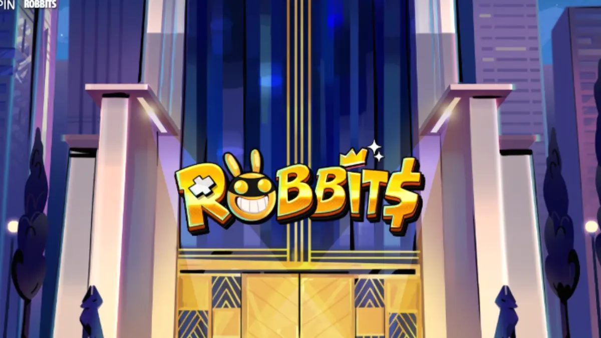 Tampilan visual karakter kelinci perampok dalam slot Robbits dengan latar belakang kasino mewah.